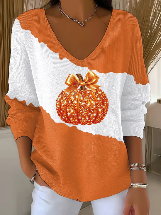 Damen Halloween (Kürbis) Langarm T-Shirts T-Shirt V-Ausschnitt Print Lässig Frühling/Herbst Oberteile