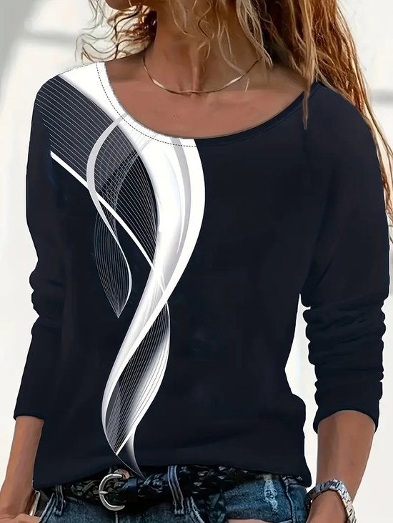 Damen Abstrakt Langarm T-Shirts T-Shirt Rundhals Print Lässig Frühling/Herbst T-Shirt mit Grafik Oberteile