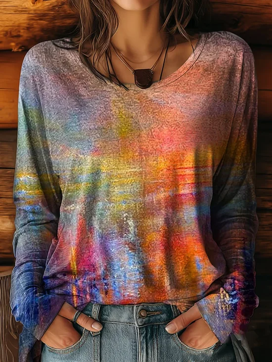 Damen Abstrakt Langarm T-Shirts T-Shirt Rundhals Print Lässig Frühling/Herbst T-Shirt mit Grafik Oberteile
