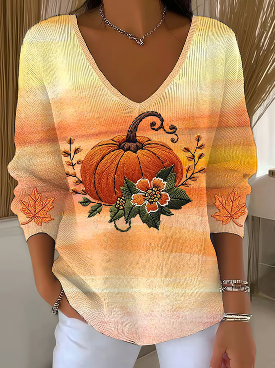 Damen Ahornblatt Langarm T-Shirts T-Shirt V-Ausschnitt Print Lässig Frühling/Herbst Oberteile