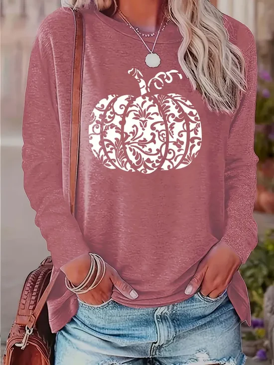 Damen Halloween (Kürbis) Langarm T-Shirts T-Shirt Rundhals Print Lässig Frühling/Herbst T-Shirt mit Grafik Oberteile