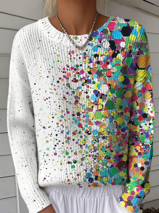 Damen Geometrisch Retro Langarm Rundhals Winter Pullover