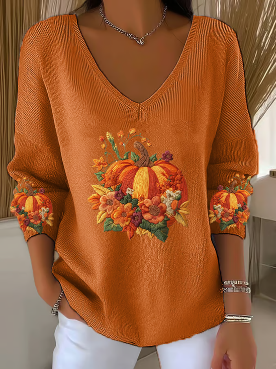 Damen Geblümt Langarm T-Shirts T-Shirt V-Ausschnitt Print Lässig Frühling/Herbst Oberteile