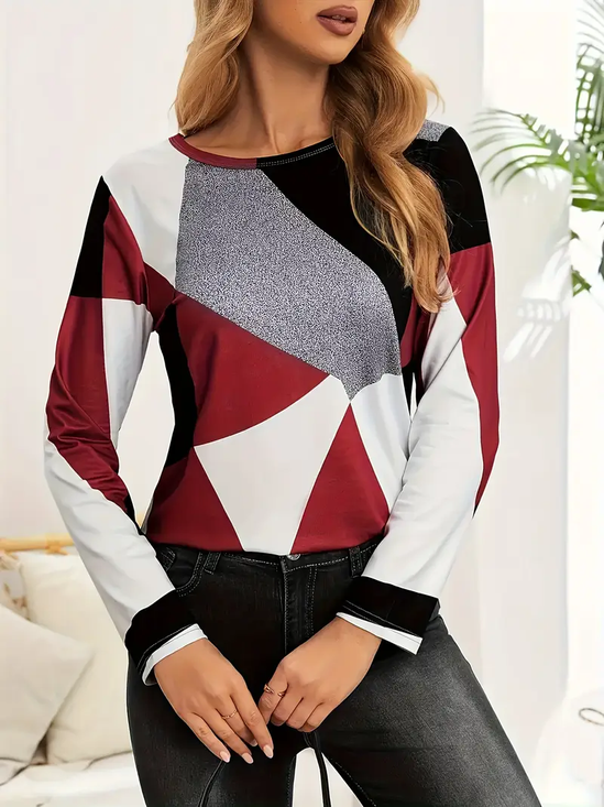 Damen Abstrakt Langarm T-Shirts T-Shirt Rundhals Print Lässig Frühling/Herbst T-Shirt mit Grafik Oberteile