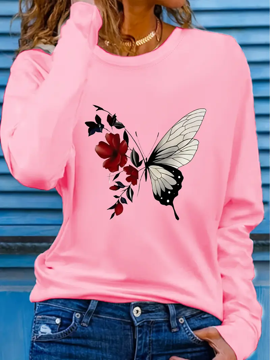 Damen Geblümt Langarm T-Shirts T-Shirt Rundhals Print Lässig Frühling/Herbst T-Shirt mit Grafik Oberteile