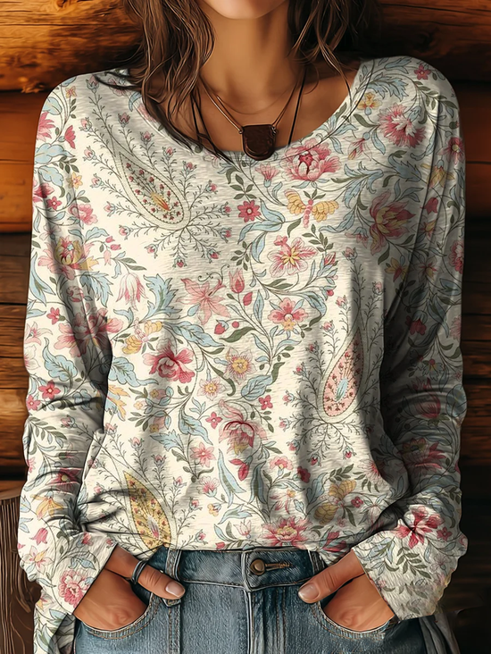 Damen Geblümt Langarm T-Shirts T-Shirt Rundhals Print Lässig Frühling/Herbst T-Shirt mit Grafik Oberteile