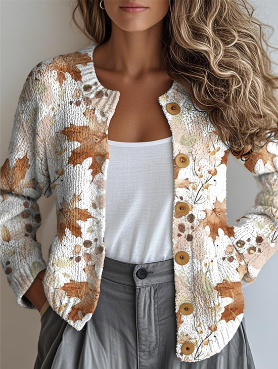 Damen Ahornblatt Knöpfe Langarm Rundhals Retro Frühling/Herbst Strickjacke Oberbekleidung