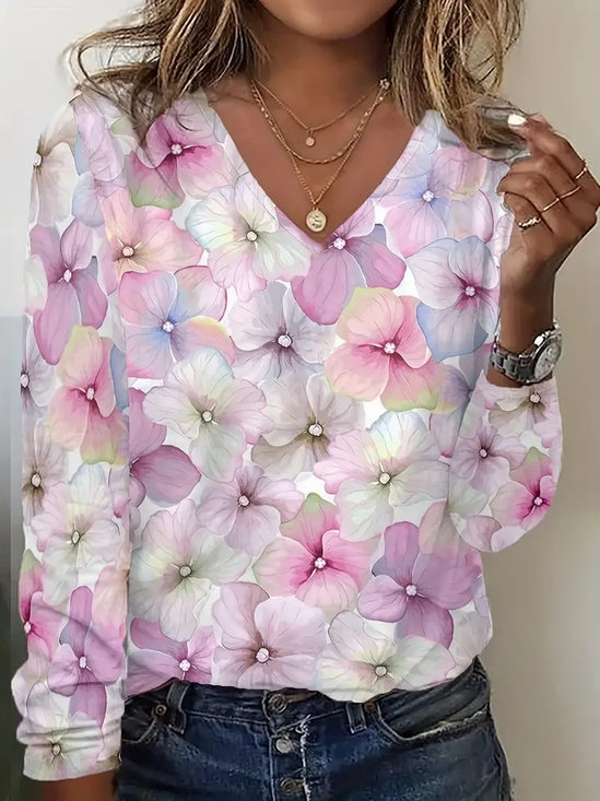 Damen Geblümt Langarm T-Shirts T-Shirt V-Ausschnitt Print Lässig Frühling/Herbst T-Shirt mit Grafik Oberteile