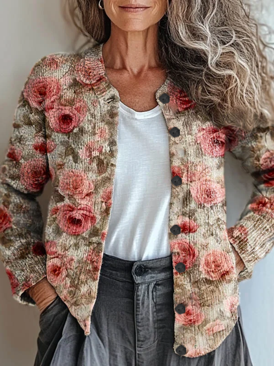 Damen Geblümt Retro Frühling/Herbst Print Strickjacke