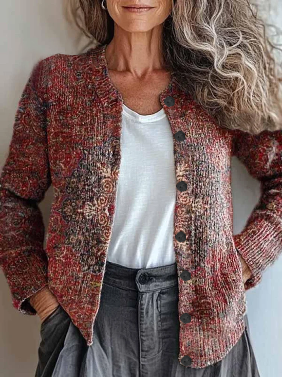 Damen Ethnisch Retro Frühling/Herbst Print Strickjacke