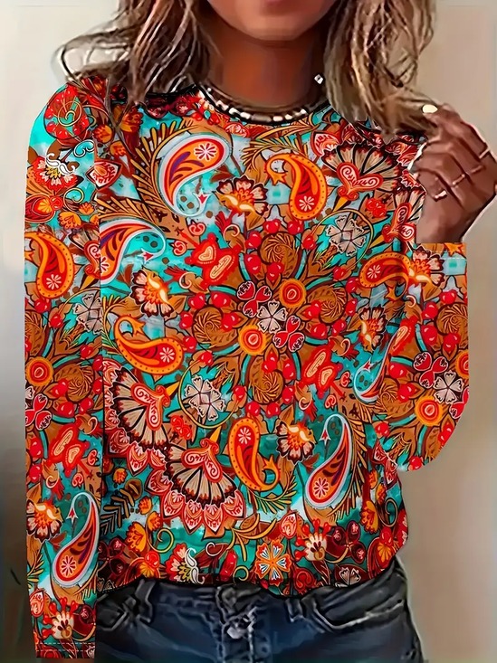 Damen Geblümt Langarm T-Shirts T-Shirt Rundhals Print Lässig Frühling/Herbst T-Shirt mit Grafik Oberteile