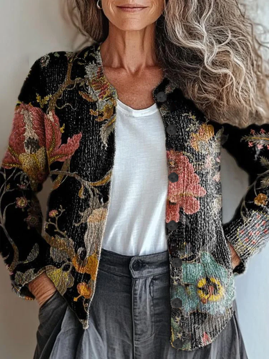 Damen Geblümt Retro Frühling/Herbst Print Strickjacke