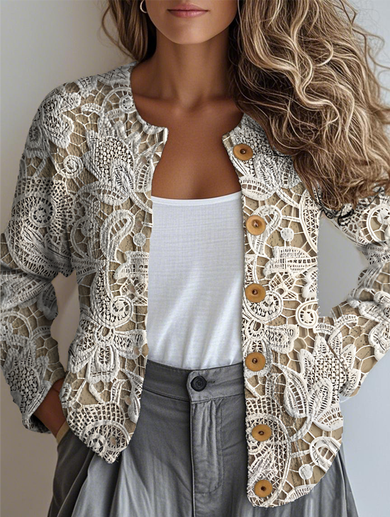 Damen Geblümt Knöpfe Langarm Rundhals Retro Frühling/Herbst Strickjacke Oberbekleidung