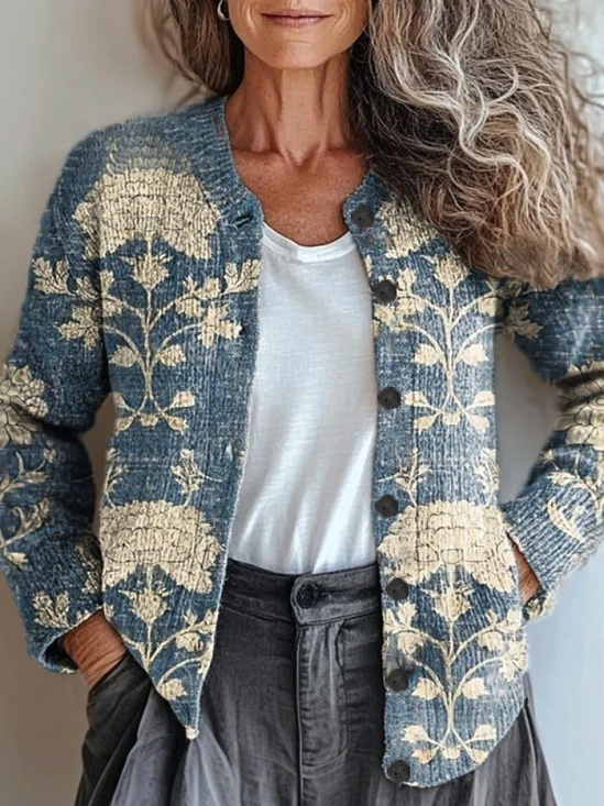 Damen Geblümt Retro Frühling/Herbst Print Strickjacke