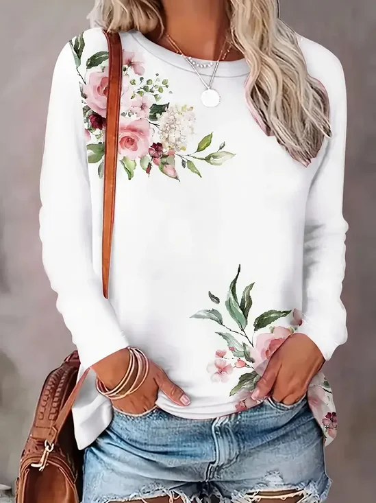 Damen Geblümt Langarm T-Shirts T-Shirt Rundhals Print Lässig Frühling/Herbst T-Shirt mit Grafik Oberteile