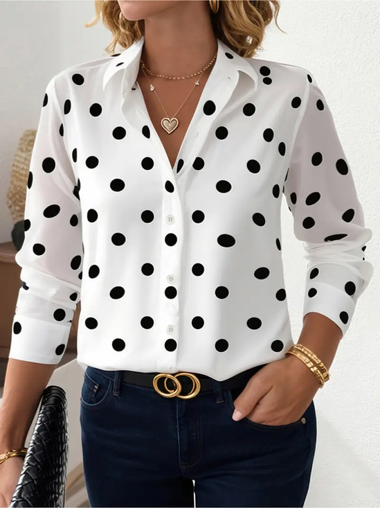 Damen Polka Dots Langarm Bluse Frühling/Herbst Schnalle Hemdkragen Normale Ärmel Täglich Lässig Oberteile