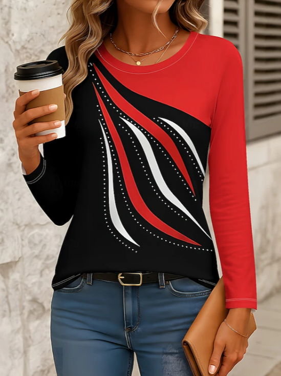 Damen Abstrakt Langarm T-Shirts T-Shirt Rundhals Print Lässig Frühling/Herbst T-Shirt mit Grafik Oberteile