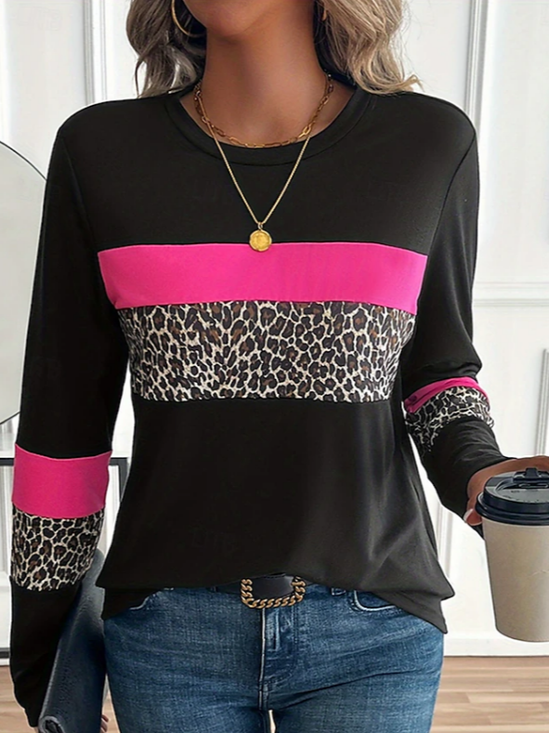 Damen Leopard Langarm T-Shirts T-Shirt Rundhals Print Lässig Frühling/Herbst T-Shirt mit Grafik Oberteile