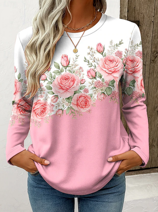 Damen Geblümt Langarm T-Shirts T-Shirt Rundhals Print Lässig Frühling/Herbst T-Shirt mit Grafik Oberteile