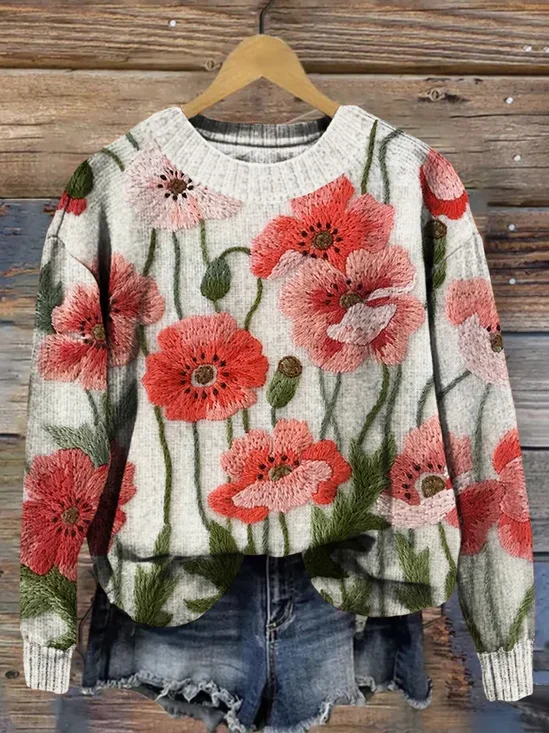 Damen Geblümt Print Frühling/Herbst Lässig Langarm Rundhals Strickpullover