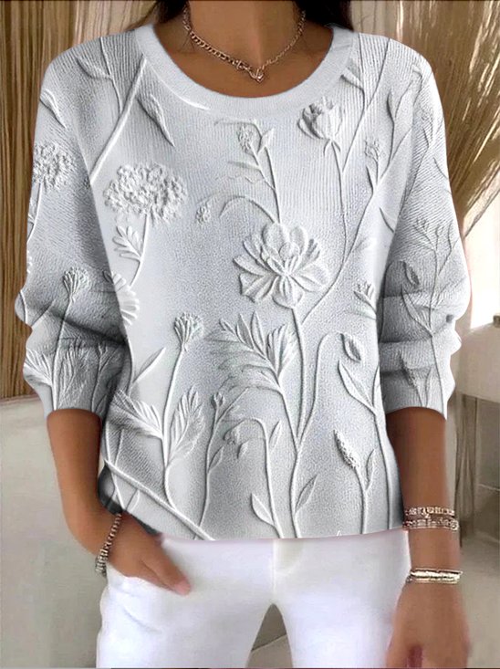 Damen Geblümt Frühling/Herbst Retro Langarm Rundhals Baumwolle Pullover