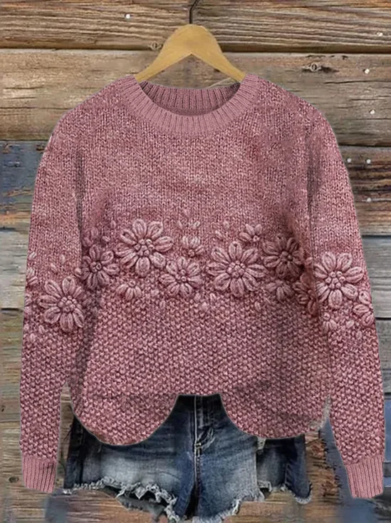 Damen Geblümt Print Frühling/Herbst Lässig Langarm Rundhals Strickpullover