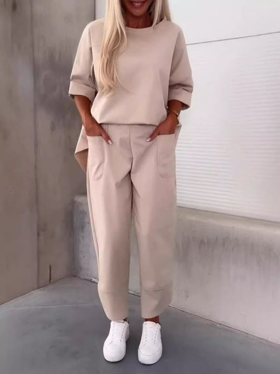 Damen Unifarben Nahtverarbeitung Zweiteiliges Set Täglich Langarm Lässig Frühling/Herbst Bluse mit Hose Matching Set