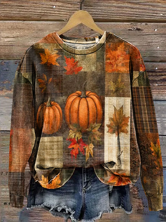 Damen Ahornblatt Rundhals Print Lässig Frühling/Herbst Langarm Sweatshirt