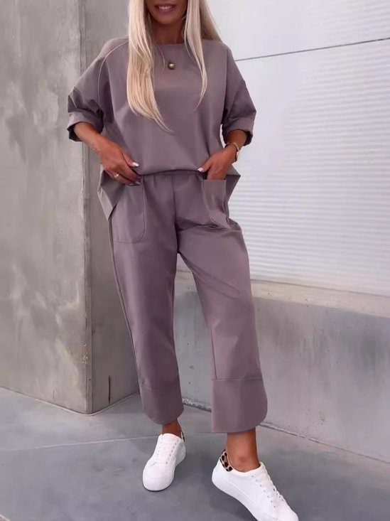 Damen Unifarben Nahtverarbeitung Zweiteiliges Set Täglich Langarm Lässig Frühling/Herbst Bluse mit Hose Matching Set
