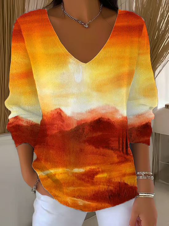Damen Abstrakt Langarm T-Shirts T-Shirt V-Ausschnitt Print Lässig Frühling/Herbst Oberteile
