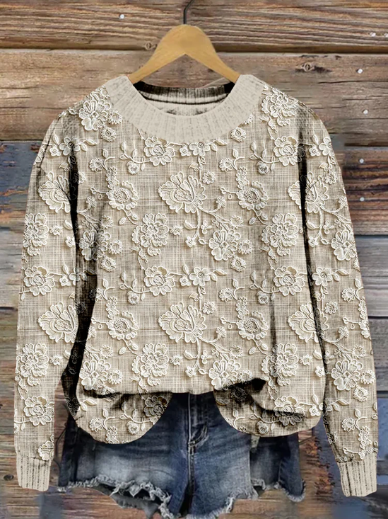 Damen Geblümt Print Frühling/Herbst Lässig Langarm Rundhals Strickpullover