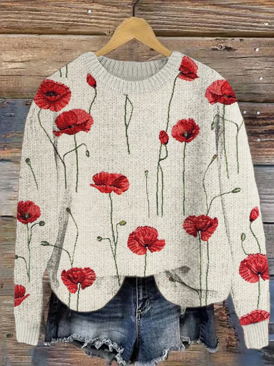 Damen Geblümt Print Frühling/Herbst Lässig Langarm Rundhals Strickpullover