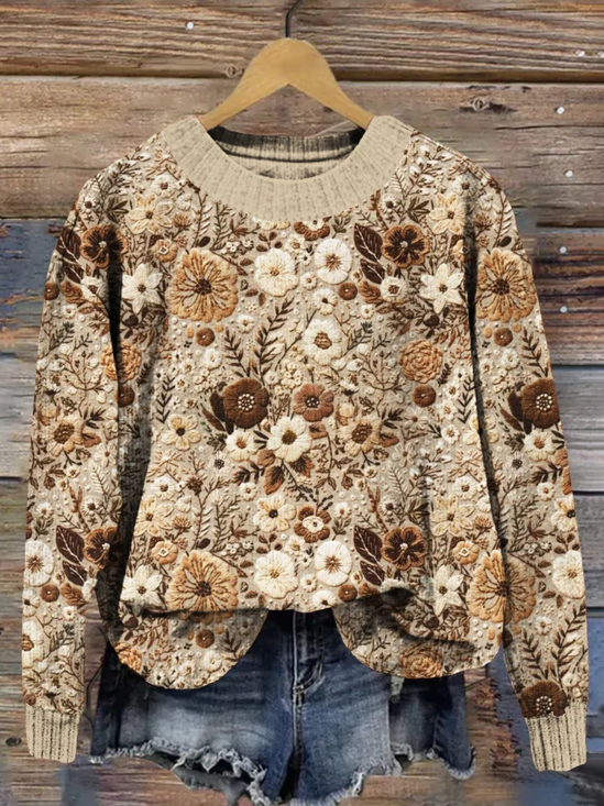 Damen Geblümt Print Frühling/Herbst Lässig Langarm Rundhals Strickpullover