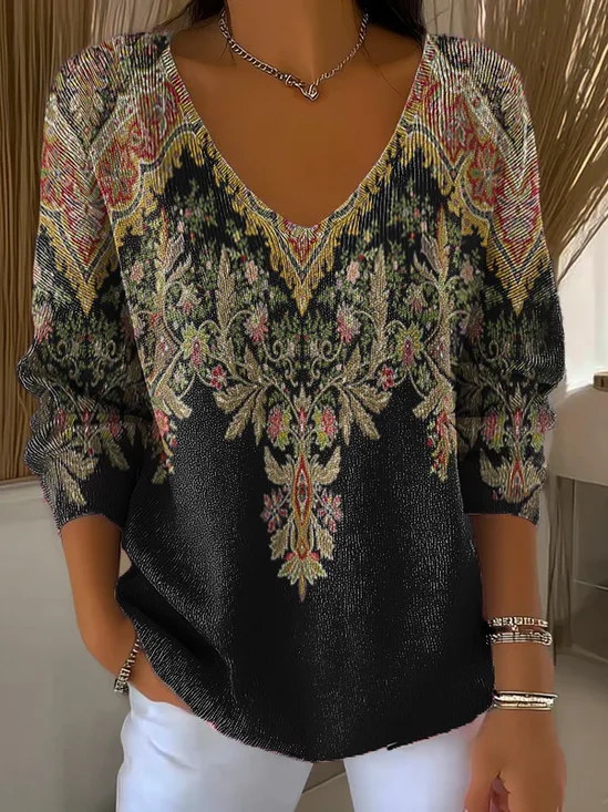 Damen Geblümt Langarm T-Shirts T-Shirt V-Ausschnitt Print Lässig Frühling/Herbst Oberteile