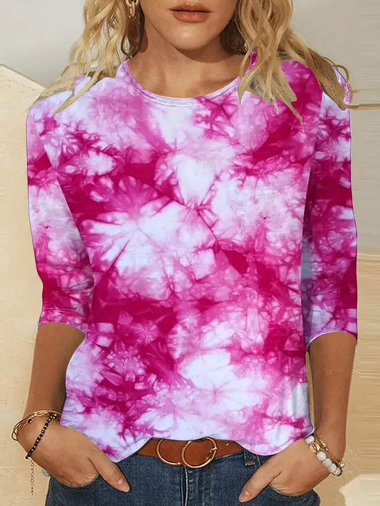 Damen Batik Langarm T-Shirts T-Shirt Rundhals Print Lässig Frühling/Herbst T-Shirt mit Grafik Oberteile