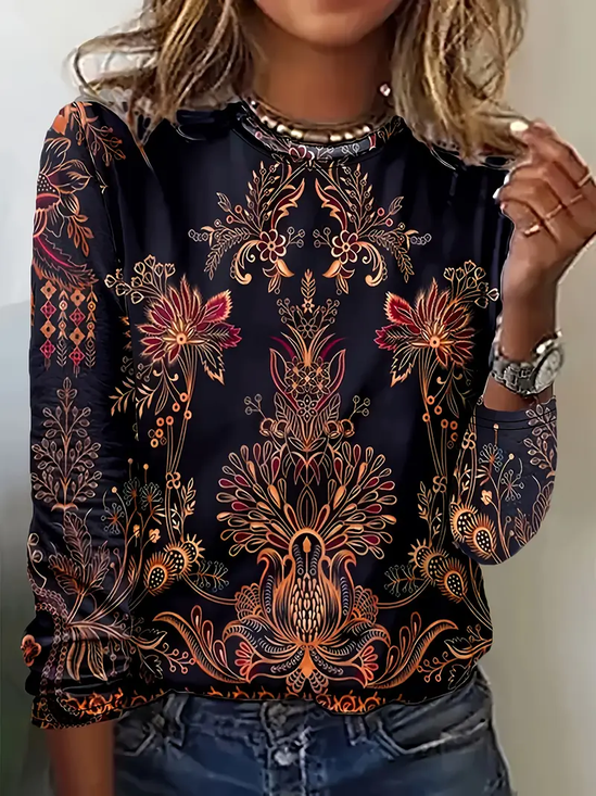 Damen Geblümt Langarm T-Shirts T-Shirt Rundhals Print Lässig Frühling/Herbst T-Shirt mit Grafik Oberteile