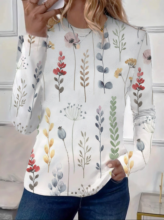 Damen Geblümt Langarm T-Shirts T-Shirt Rundhals Print Lässig Frühling/Herbst T-Shirt mit Grafik Oberteile