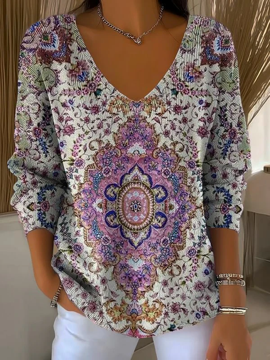 Damen Ethnisch Langarm T-Shirts T-Shirt V-Ausschnitt Print Lässig Frühling/Herbst Oberteile