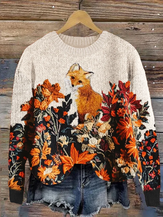 Damen Geblümt Print Frühling/Herbst Lässig Langarm Rundhals Strickpullover