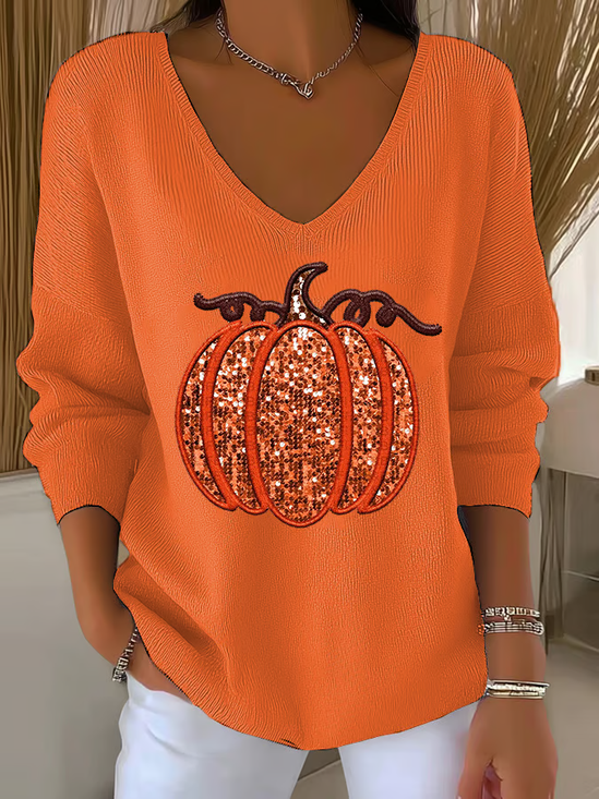 Damen Halloween (Kürbis) Langarm T-Shirts T-Shirt V-Ausschnitt Print Lässig Frühling/Herbst Oberteile