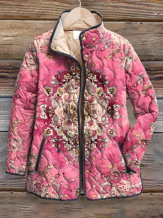 Damen Retro Print Winter Geblümt Stehkragen Gepolstert Parka