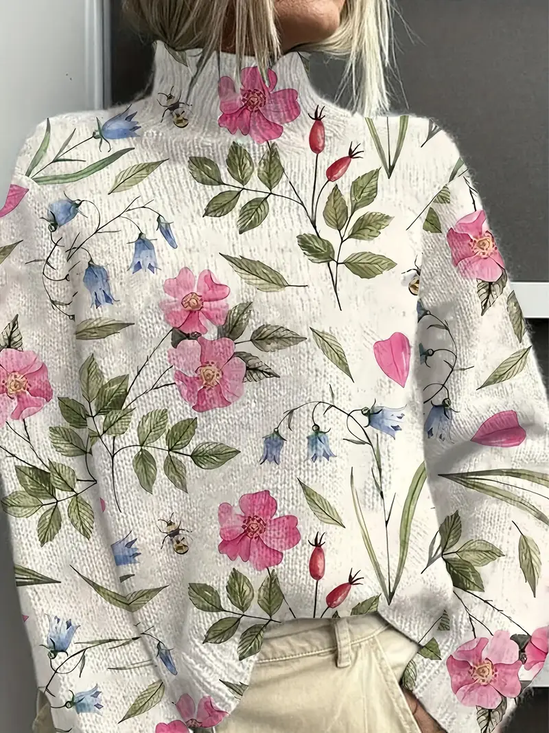 Damen Geblümt Print Frühling/Herbst Retro Langarm Rollkragen Pullover
