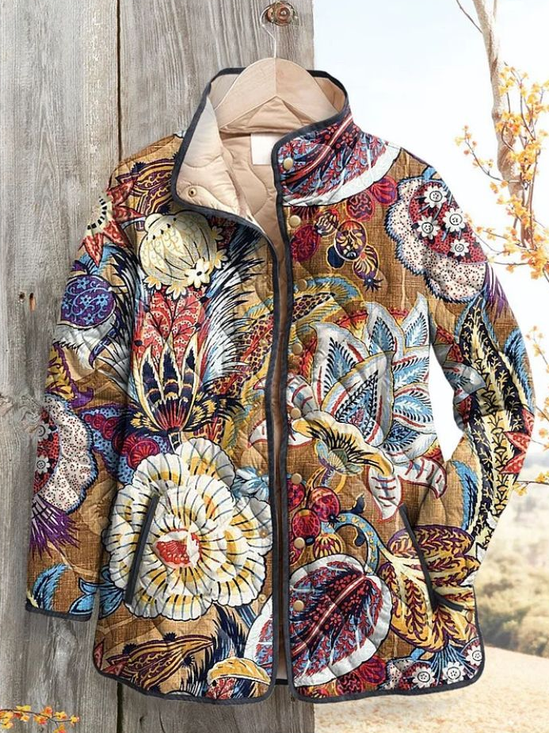 Damen Retro Print Winter Geblümt Stehkragen Gepolstert Parka