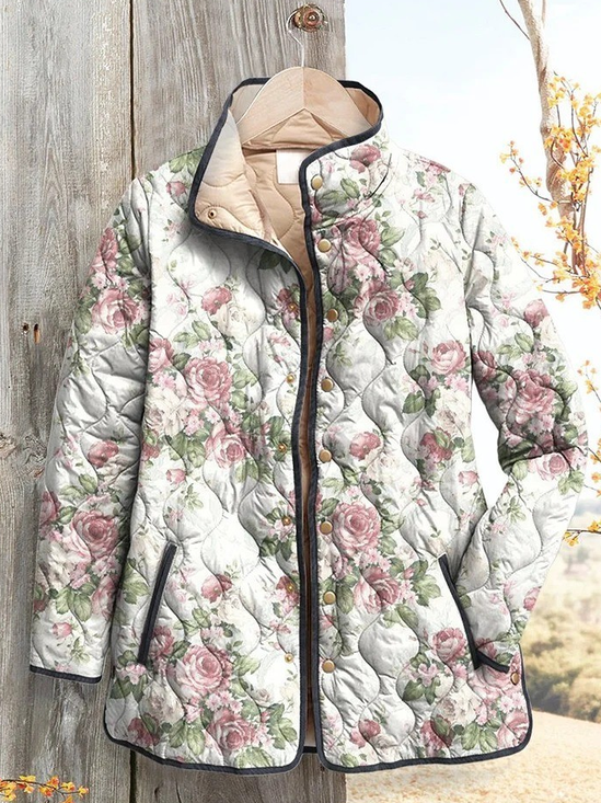 Damen Retro Print Winter Geblümt Stehkragen Gepolstert Parka