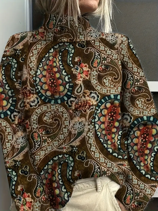 Damen Geblümt Print Frühling/Herbst Retro Langarm Rollkragen Pullover