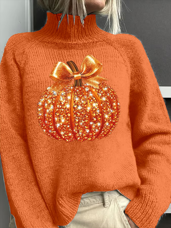 Damen Halloween (Kürbis) Print Frühling/Herbst Retro Langarm Rollkragen Pullover