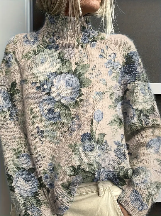 Damen Geblümt Print Frühling/Herbst Retro Langarm Rollkragen Pullover