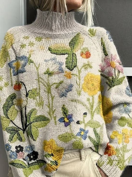 Damen Geblümt Print Frühling/Herbst Retro Langarm Rollkragen Pullover