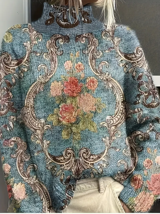 Damen Geblümt Print Frühling/Herbst Retro Langarm Rollkragen Pullover