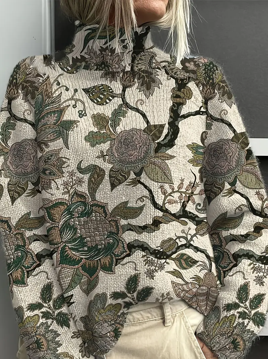 Damen Geblümt Print Frühling/Herbst Retro Langarm Rollkragen Pullover